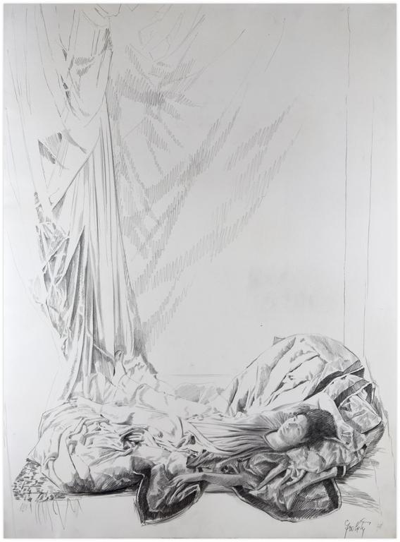 Catalogue raisonné, Claude Grobéty, Couché sur le dos, bras droit levé, péplos - 1978
