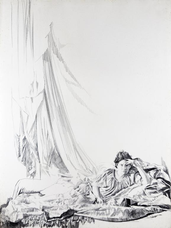 Catalogue raisonné, Claude Grobéty, Robe verte, couché, regarde en face (sur papier gaufré) - 1978