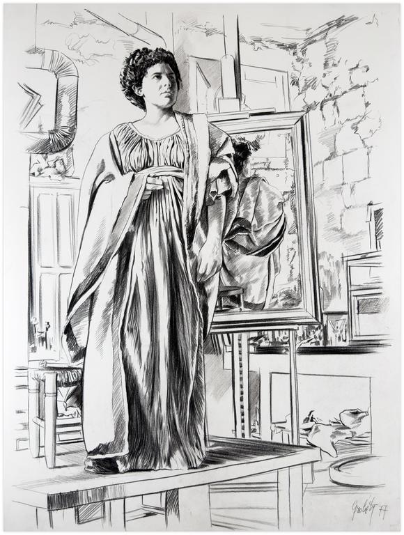 Catalogue raisonné, Claude Grobéty, Robe verte et peplos, chignon, reflet dans le miroir - 1977