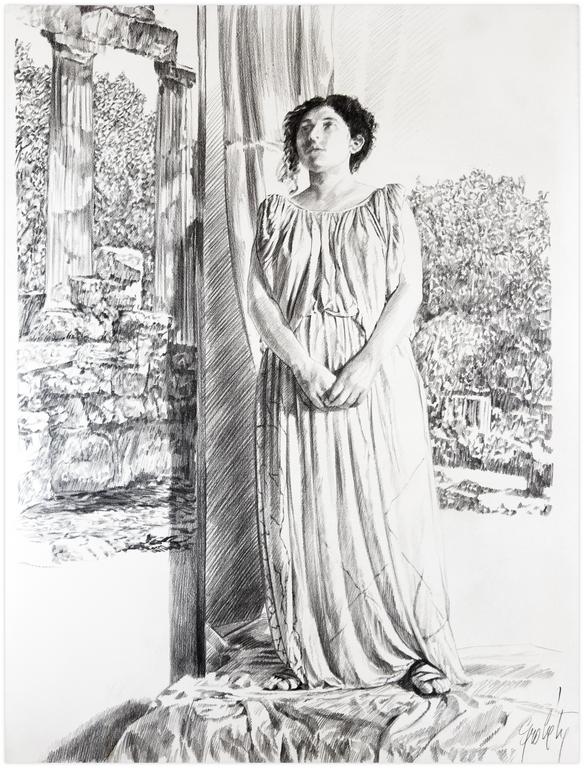 Catalogue raisonné, Claude Grobéty, Tunique, mains jointes, entre Tholos et végétation ruines - 1976