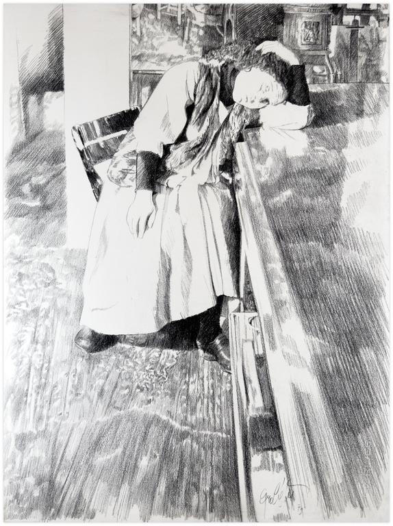Catalogue raisonné, Claude Grobéty, Robe blanche, tête couchée sur la table sur le bras gauche - 1979