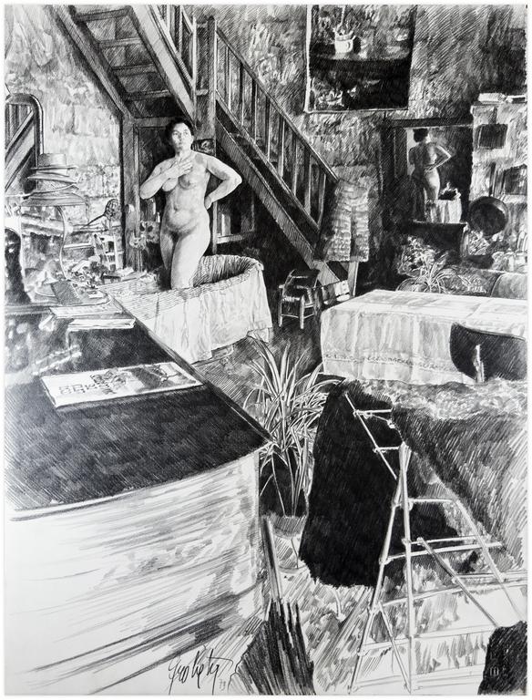 Catalogue raisonné, Claude Grobéty, Nu dans la baignoire avec un drap, reflet miroir - 1976