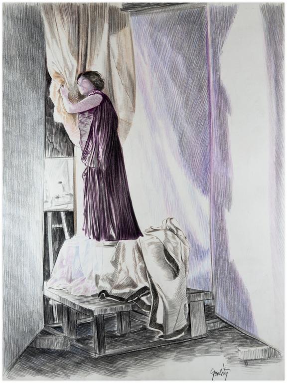 Catalogue raisonné, Claude Grobéty, Robe violette, péplos sur estrade, draperie - 1976