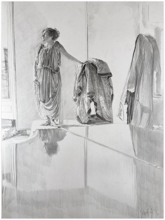 Catalogue raisonné, Claude Grobéty, Tunique relevée taille, main gauche sur peplos, reflet piano - 1977