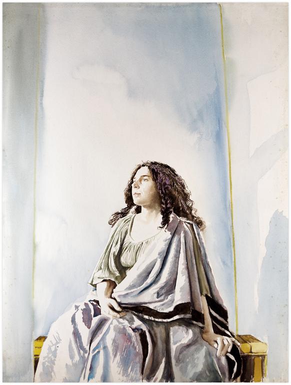 Catalogue raisonné, Claude Grobéty, Robe verte et peplos, assis stèle devant panneau - 1977