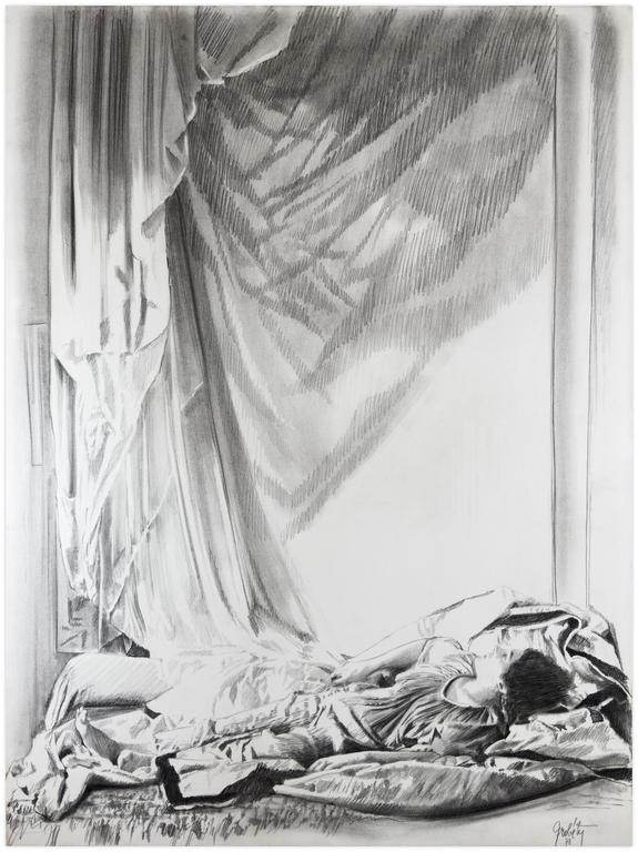 Catalogue raisonné, Claude Grobéty, couché robe verte et peplos, regarde jeux draperies - 1978