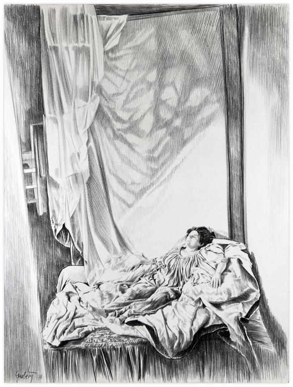 Catalogue raisonné, Claude Grobéty, Robe verte, couché adossé à coussin, draperies - 1978