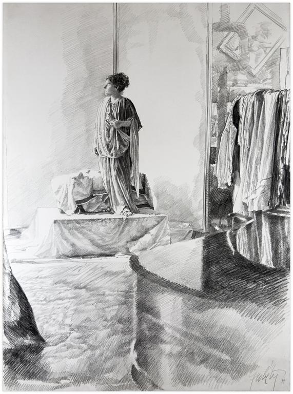 Catalogue raisonné, Claude Grobéty, Tunique verte sur estrade Série essayage - 1977