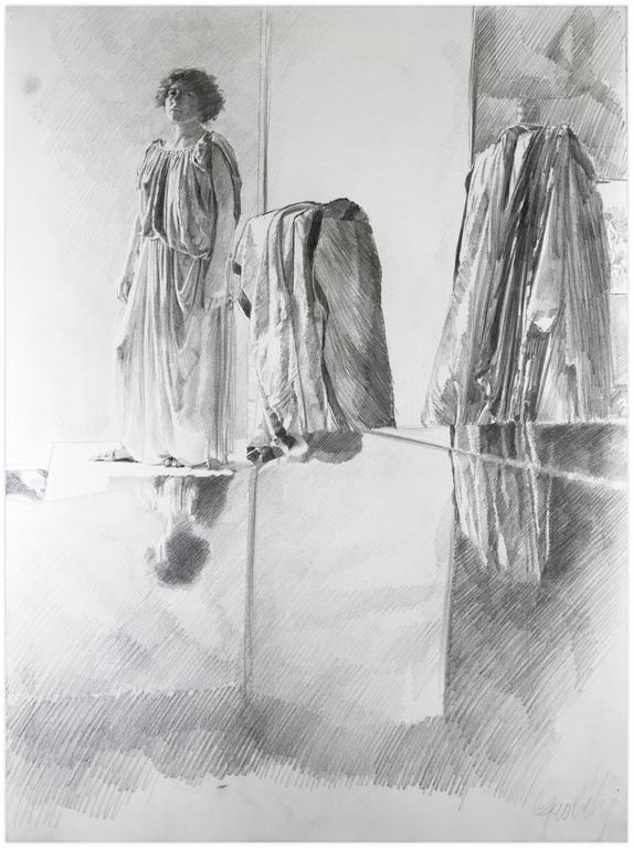 Catalogue raisonné, Claude Grobéty, série essayage, debout, deux bras baissés, reflet piano - 1978