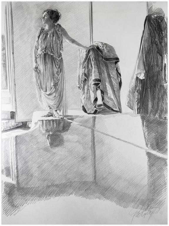 Claude Grobéty, Tunique relevée à la taille, main gauche sur peplos et stèle, reflet piano - 1978