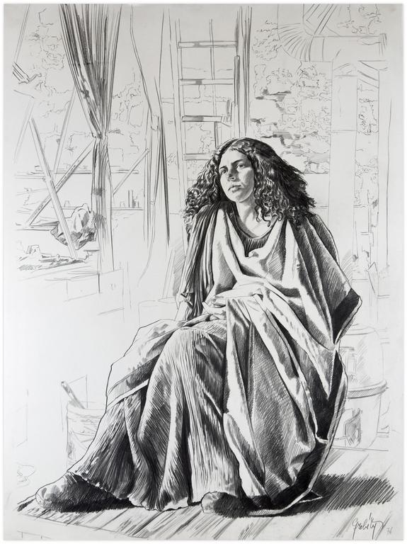 Catalogue raisonné, Claude Grobéty, Tunique et péplos sur estrade devant rideau bleu chambre noire - 1977