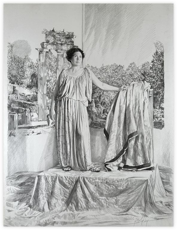 Catalogue raisonné, Claude Grobéty, Tunique devant Tholos, main gauche sur Péplos sur stèle - 1977