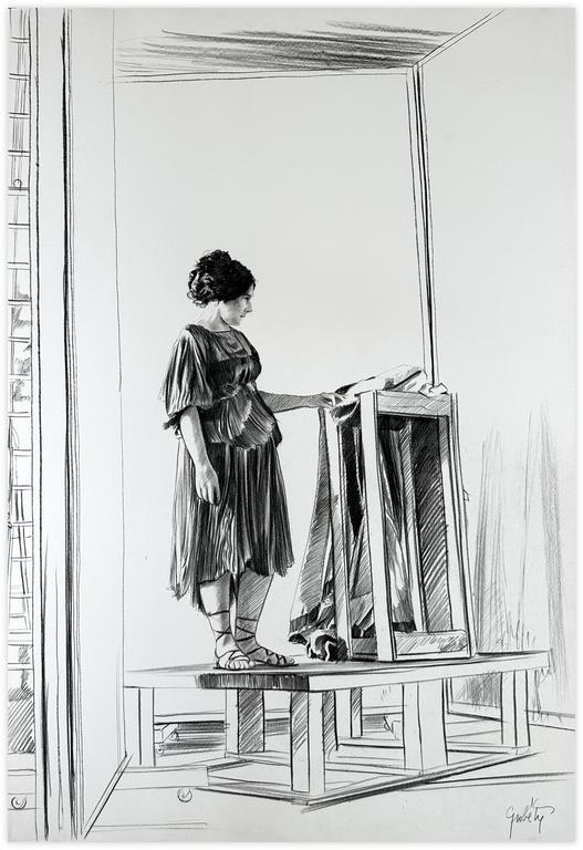 Catalogue raisonné, Claude Grobéty, Robe violette, retenue à la taille, tête baissée vers la stèle - 1978