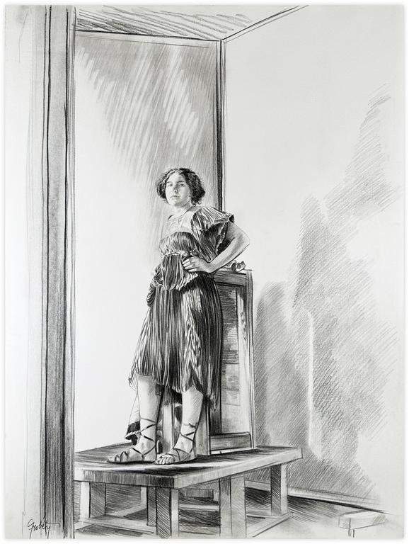 Catalogue raisonné, Claude Grobéty, Robe violette tenue taille main gauche sur la hanche - 1977
