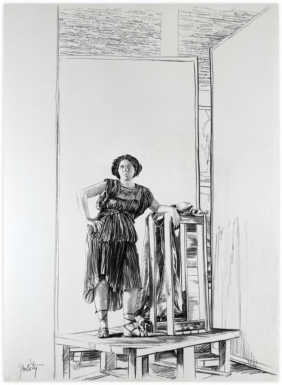 Catalogue raisonné, Claude Grobéty, Robe violette tenue taille, main droite à la hanche, bras gauche accoudé stèle - 1978