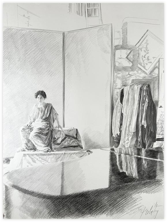 Catalogue raisonné, Claude Grobéty, Robe verte, assis, à droite essayage - 1977