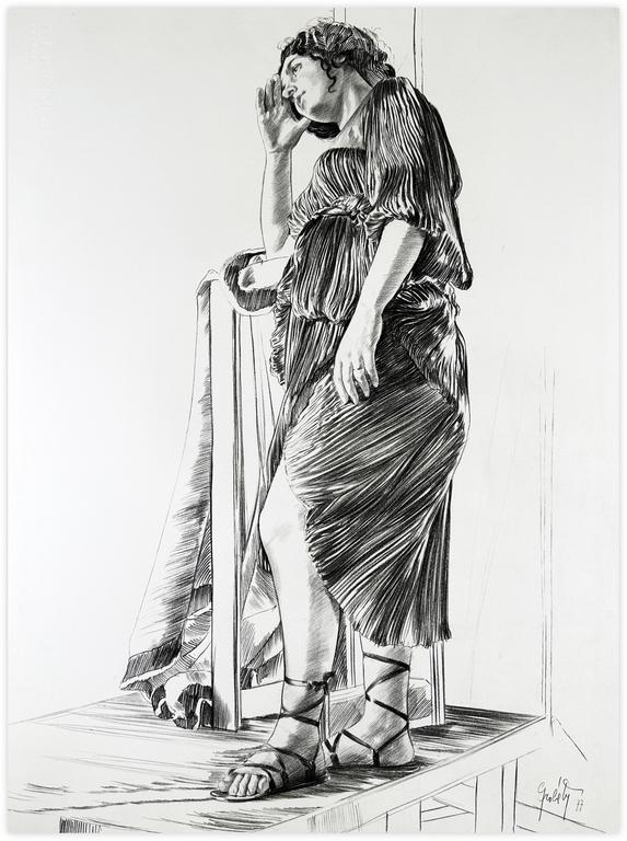 Catalogue raisonné, Claude Grobéty, Robe violette debout, bras gauche tendu accoudé sur stèle - 1977