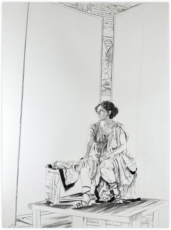 Catalogue raisonné, Claude Grobéty, Assis, robe verte, péplos épaule tenu par broche, main droite genou - 1978