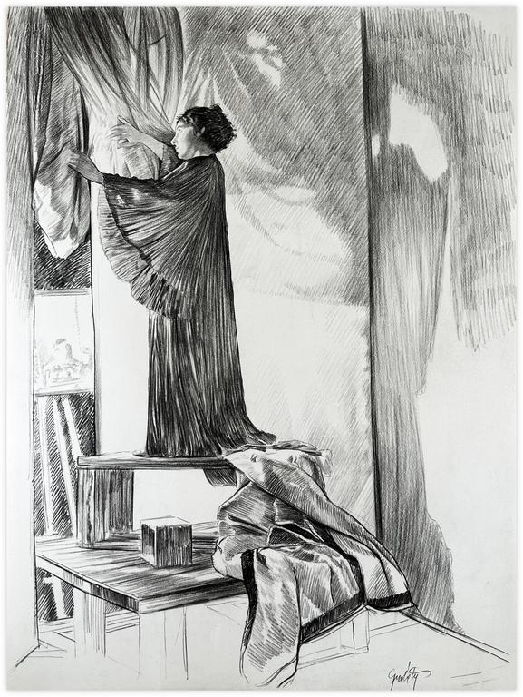 Catalogue raisonné, Claude Grobéty, Robe violette, écarte draperies, péplos à terre - 1978