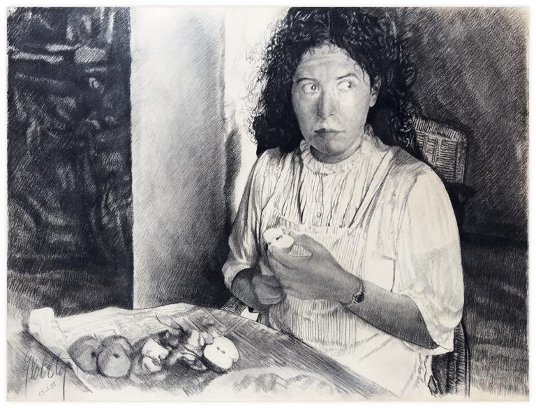 Claude Grobéty, Epluches les pommes, corsage blanc, regarde à gauche - 1988