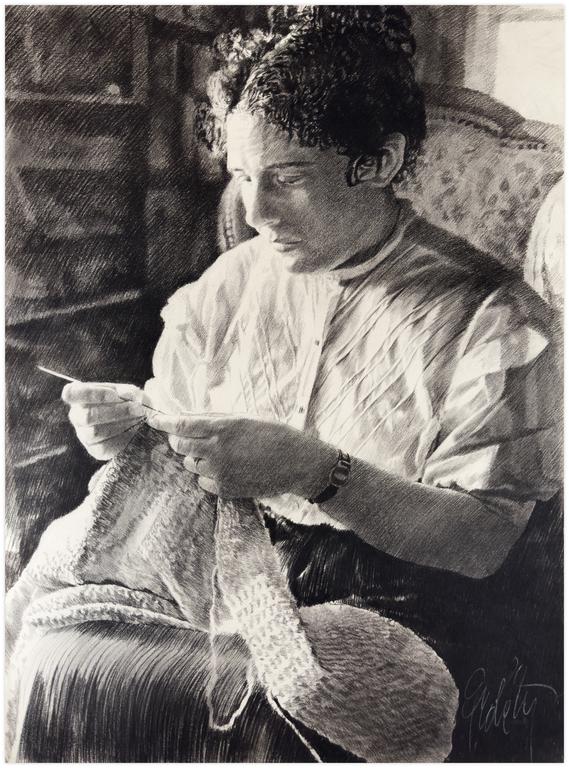 Claude Grobéty, Assis Voltaire corsage blanc, crochet sur les genoux - 1986