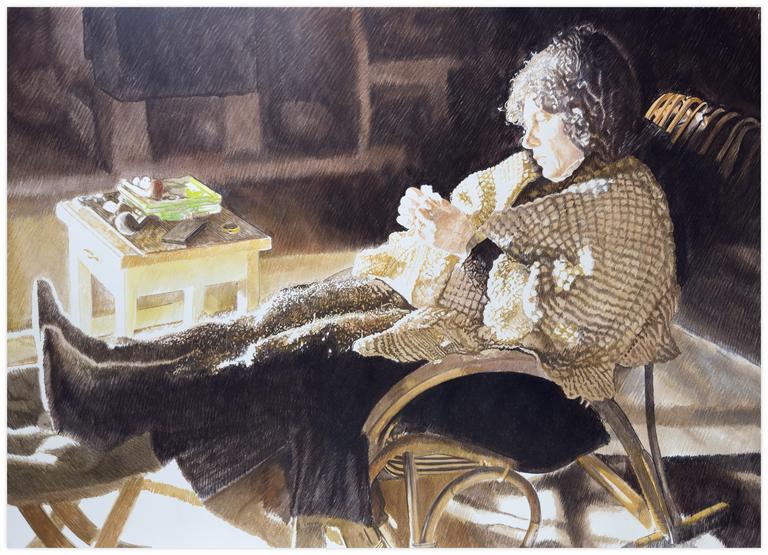 Claude Grobéty, Assis, robe châtelaine, pied sur tabouret, table à pipes, 1994
