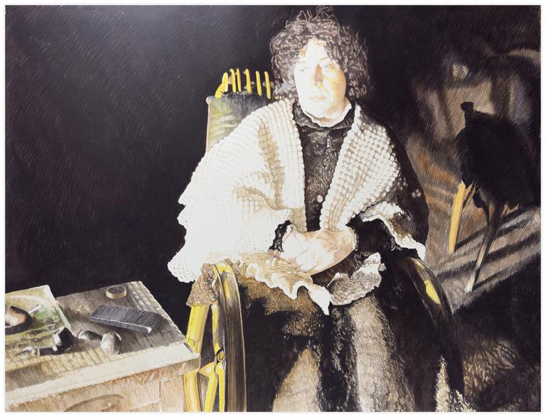 Claude Grobéty, Robe châtelaine, châle, tables à pipes à droite - 1994