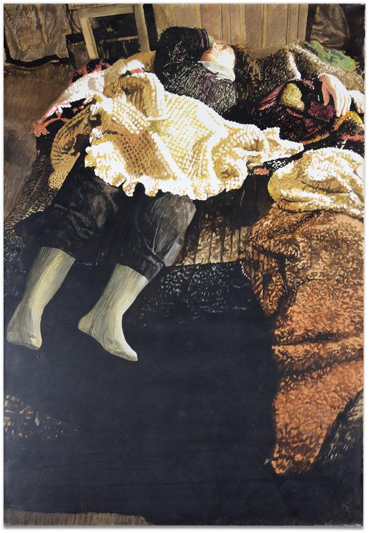 Claude Grobéty, Couché lit gros, robe chat et châle - 1987