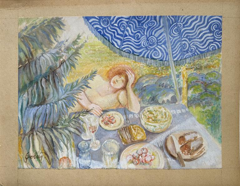 Catalogue raisonné, Claude Grobéty, Accoudé table de jardin, grande palme et pararasol - 1994