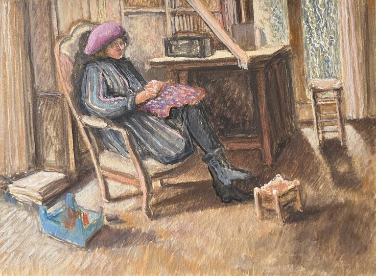 Catalogue raisonné, Claude Grobéty - Assis Voltaire, tricot rose, chausson fourrés