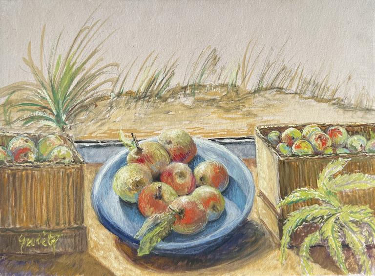 Catalogue raisonné, Claude Grobéty - Assiette pommes, arbres au fond