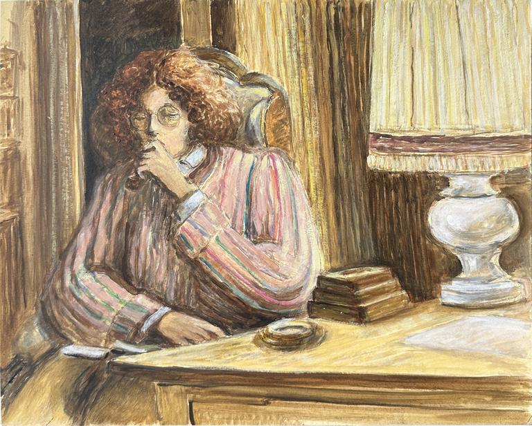 Catalogue raisonné, Claude Grobéty - veste rose, fume la pipe, lampe blanche