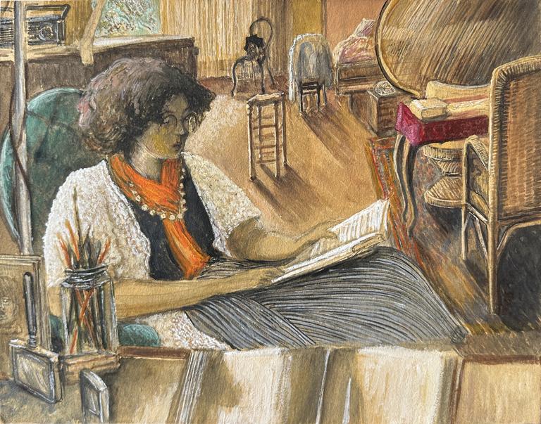 Catalogue raisonné, Claude Grobéty - Devant bureau C. collier nacre, lit
