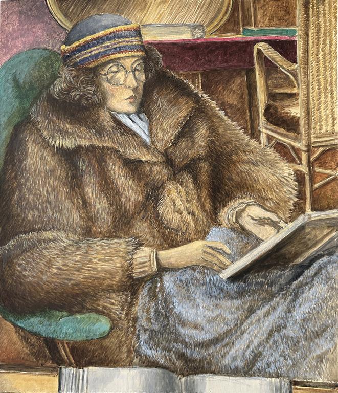 Catalogue raisonné, Claude Grobéty - veste fourrure, chapeau gris, bande bleue et jaune
