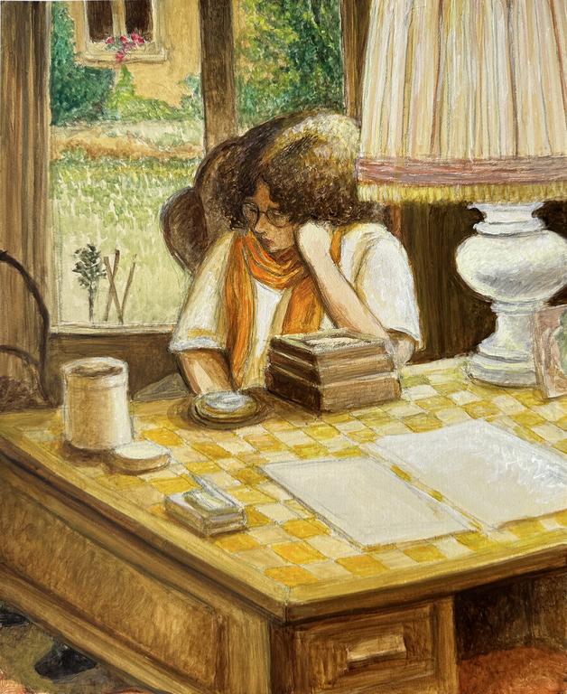 Catalogue raisonné, Claude Grobéty - Accoudé à bureau LLG, foulard orange