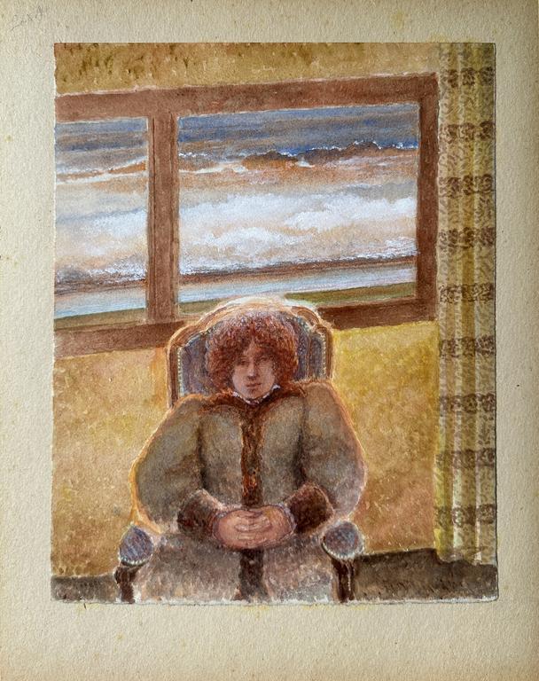 Catalogue raisonné, Claude Grobéty - Robe chatelaine, assis de face, nuages oranges et bleus
