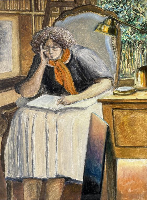 Catalogue raisonné, Claude Grobéty - Corsage noir, jupe blanche, main à la tête, livre sur les genoux