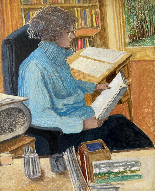 Catalogue raisonné, Claude Grobéty - Pull bleu, lit, fauteuil noir