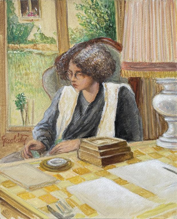 Catalogue raisonné, Claude Grobéty - Assis, corsage noir et gilet, entre le bureau et la fenêtre