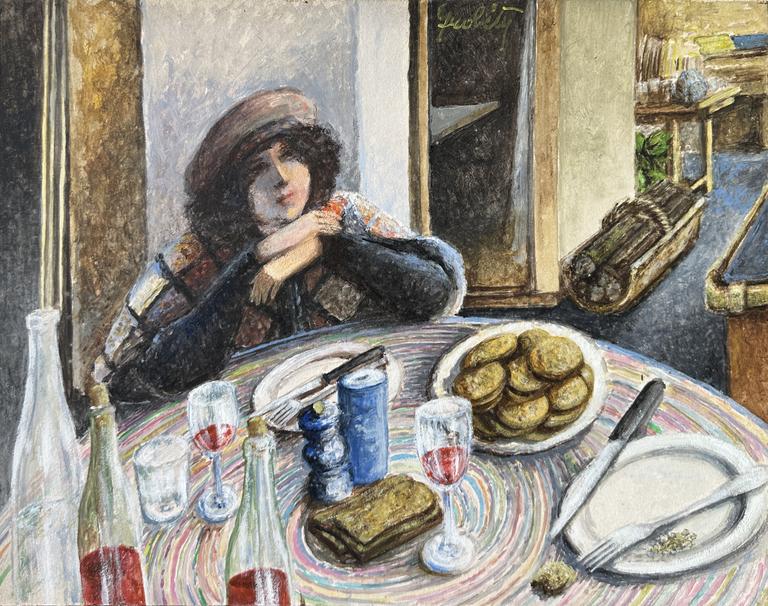 Catalogue raisonné, Claude Grobéty - Bouffon devant table, vin et sablés