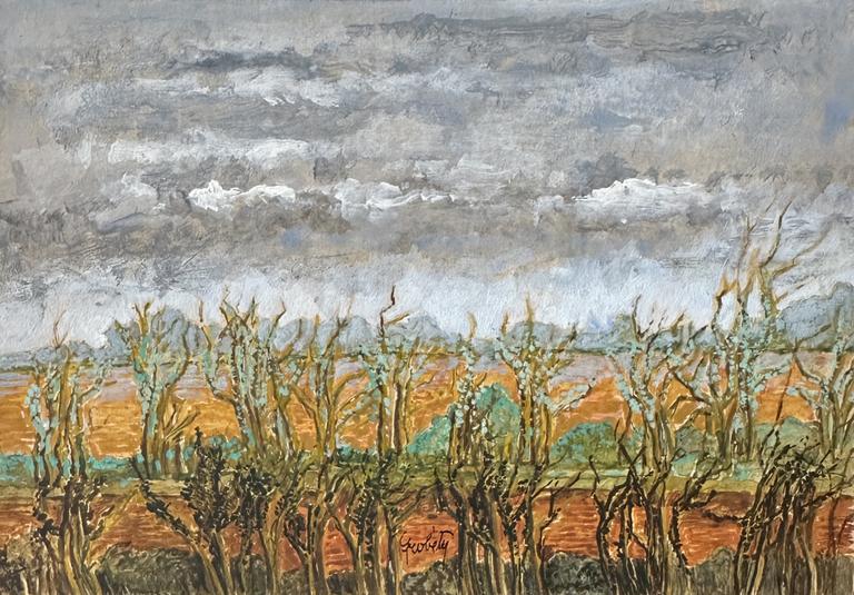 Claude Grobéty - Champs labourés sous le ciel gris, quelques feuilles 