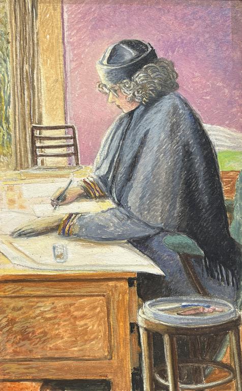 Catalogue raisonné, Claude Grobéty - Châle gris, bonnet noir, écrit, tabouret