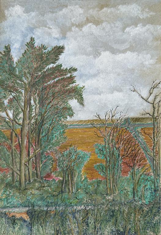 Claude Grobéty - Le chemin entre les haies, ciel gris pâle