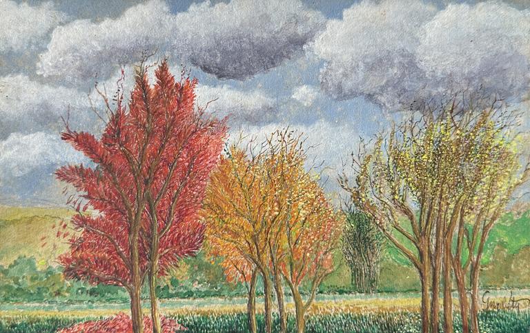 Claude Grobéty - Arbres, rouge, jaune, vert, nuages moutonnés 