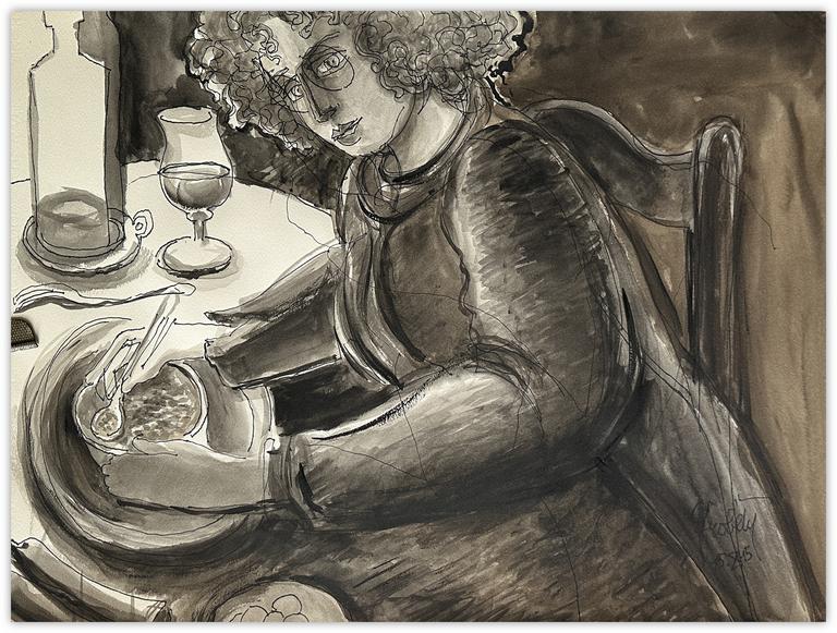 Claude Grobéty, À table, la soupe, la bouteille et le verre - 2015