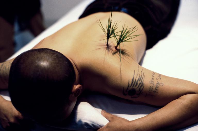 Yang Zhichao Planting Grass performance (2000) tirage photo sur papier brillant contrecollé sur aluminium 80 x 130 cm Courtesy de l’artiste