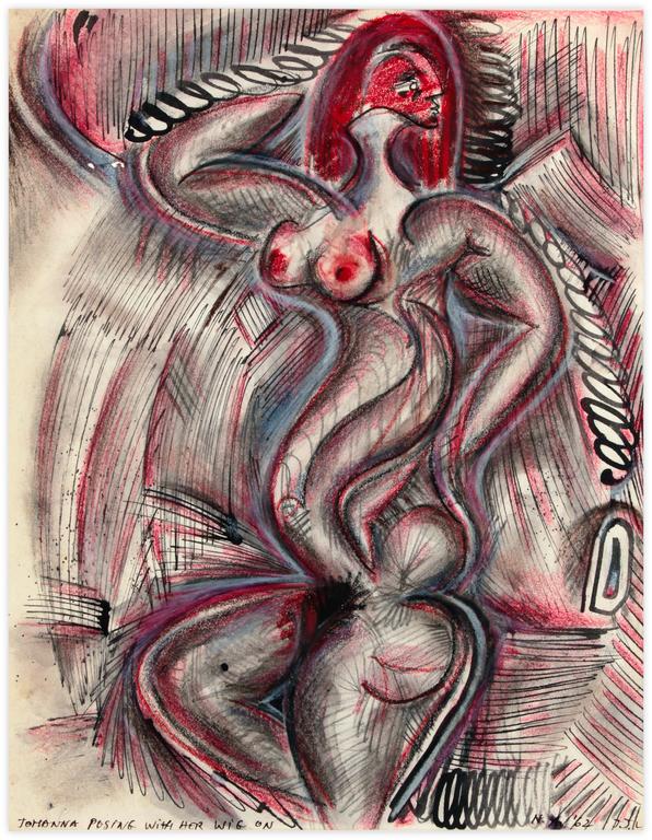 Catalogue raisonné, Jean-Jacques Lebel, Johanna posing with her wig on - 1962