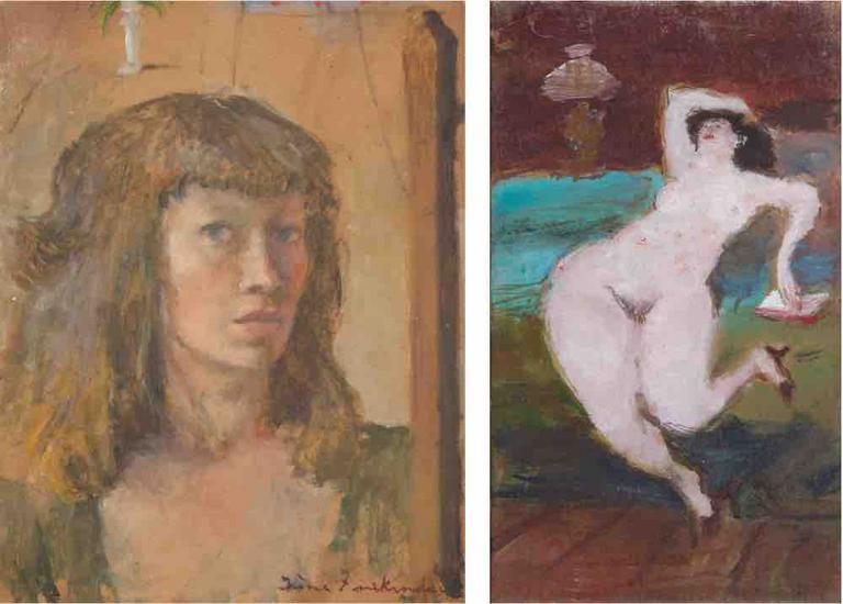 Irène Zurkinden, Autoportrait, huile sur carton, 1947, 35 x 27 cm / Irène Zurkinden, Sans titre, huile sur toile, non daté, 24 x 14 cm