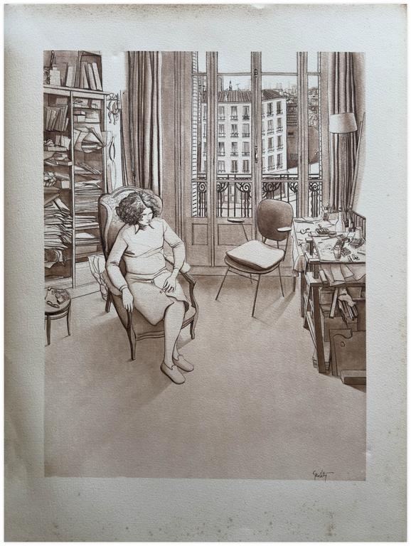 Catalogue raisonné, Claude Grobéty, Fauteuil Voltaire devant la fenêtre à Asnières, sépia - 1971