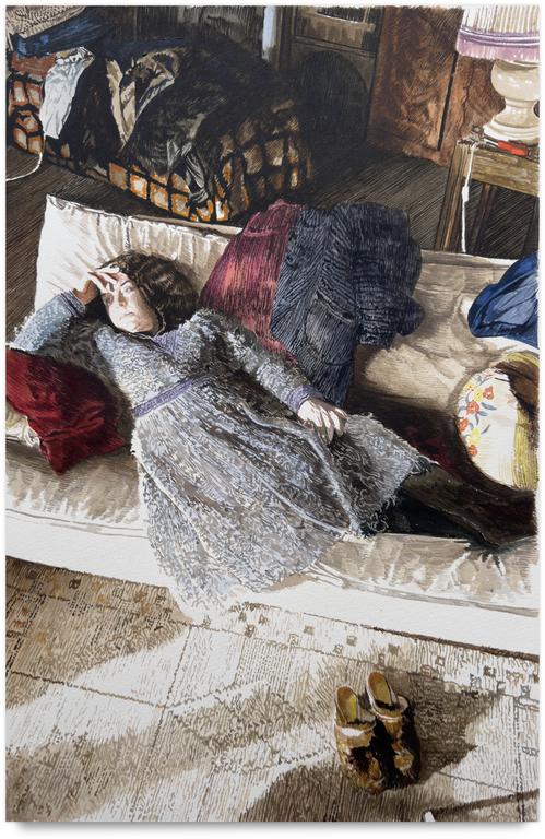 Catalogue raisonné, Claude Grobéty, Étendue pouffe, robe crise, col rose - 1982